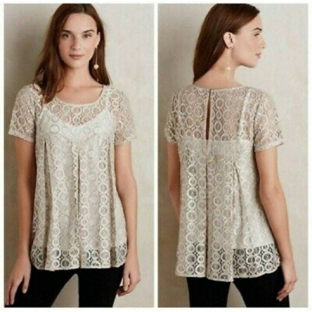 Anthropologie Akemi + Kin | Lyra Sheer Champagne Metallic Lace Babydoll Blouse